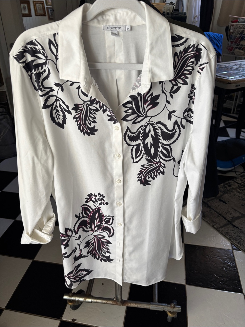 Chico’s Sz 3 Long Sl Button Down Tunic White/Black Pleat Back 100% Cotton NWOT